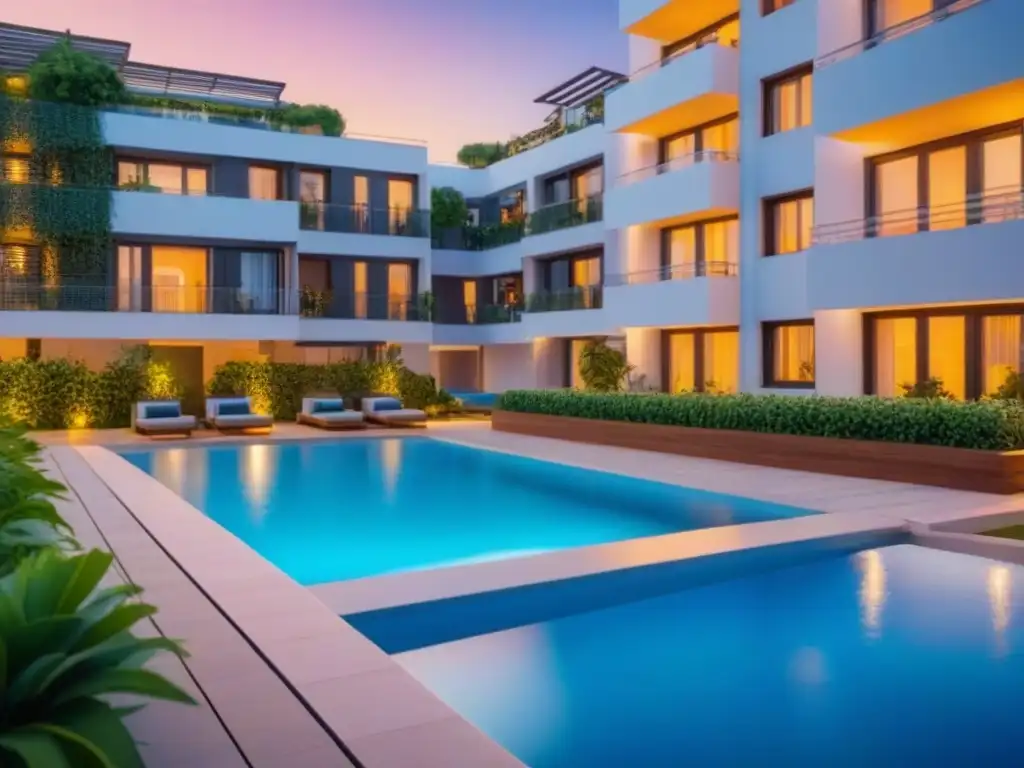Residencial moderno con piscina y áreas verdes Un complejo de apartamentos moderno con diseño arquitectónico elegante, área común vibrante con piscina reluciente rodeada de vegetación exuberante, muebles de exterior de moda y personas de diversas culturas socializando alegremente al atardecer, creando un ambiente acogedor y atractivo para inquilinos