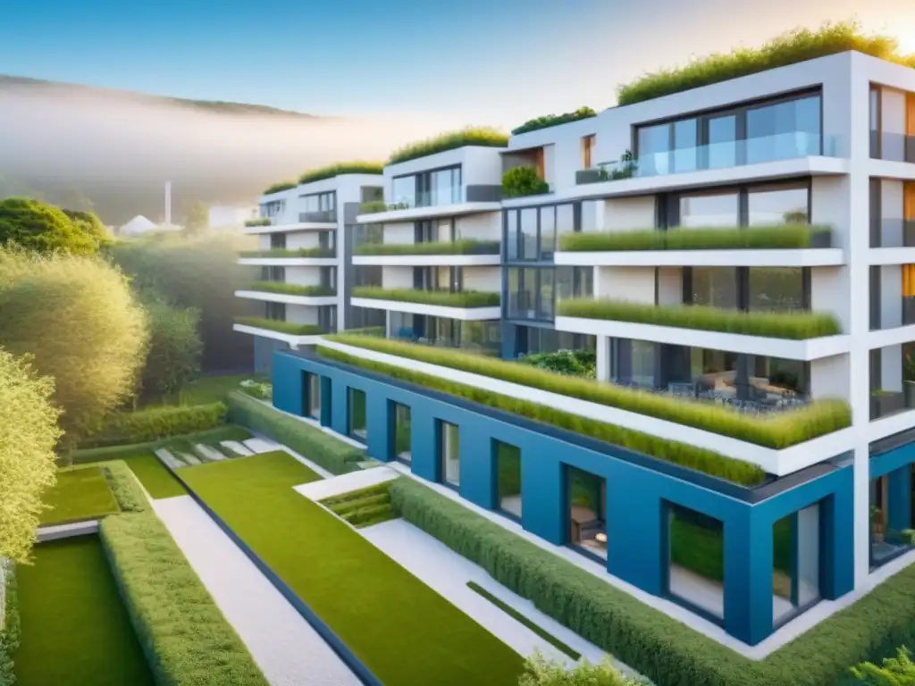 Complejo ecoamigable: arquitectura moderna en entorno natural Un complejo de apartamentos moderno y ecológico rodeado de naturaleza exuberante