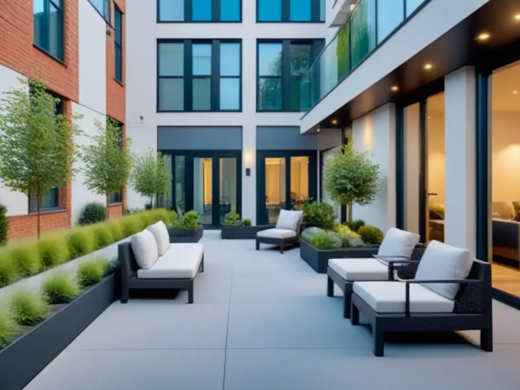 Complejo de departamentos moderno y funcional con jardín comunitario Un complejo de apartamentos moderno con elegantes líneas y amplias ventanas, rodeado de exuberante jardinería y un vibrante huerto comunitario