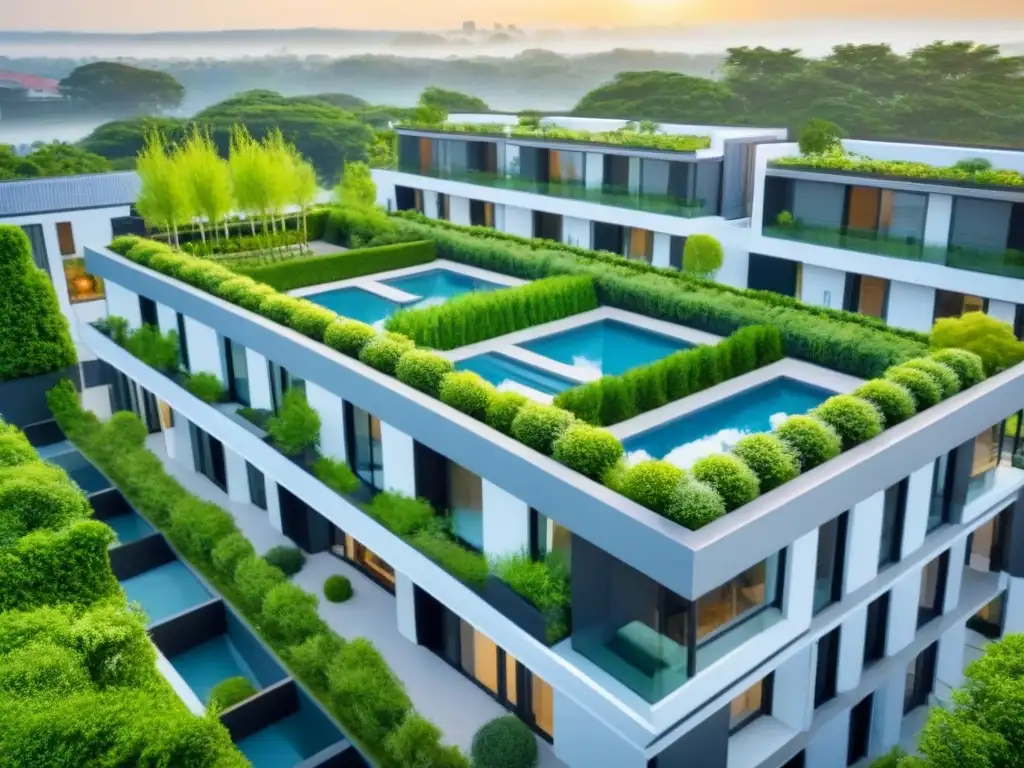 Complejo residencial moderno: diseño geométrico y jardines vibrantes Un complejo de apartamentos moderno con jardines en la azotea, rodeado de vegetación exuberante y diseño contemporáneo