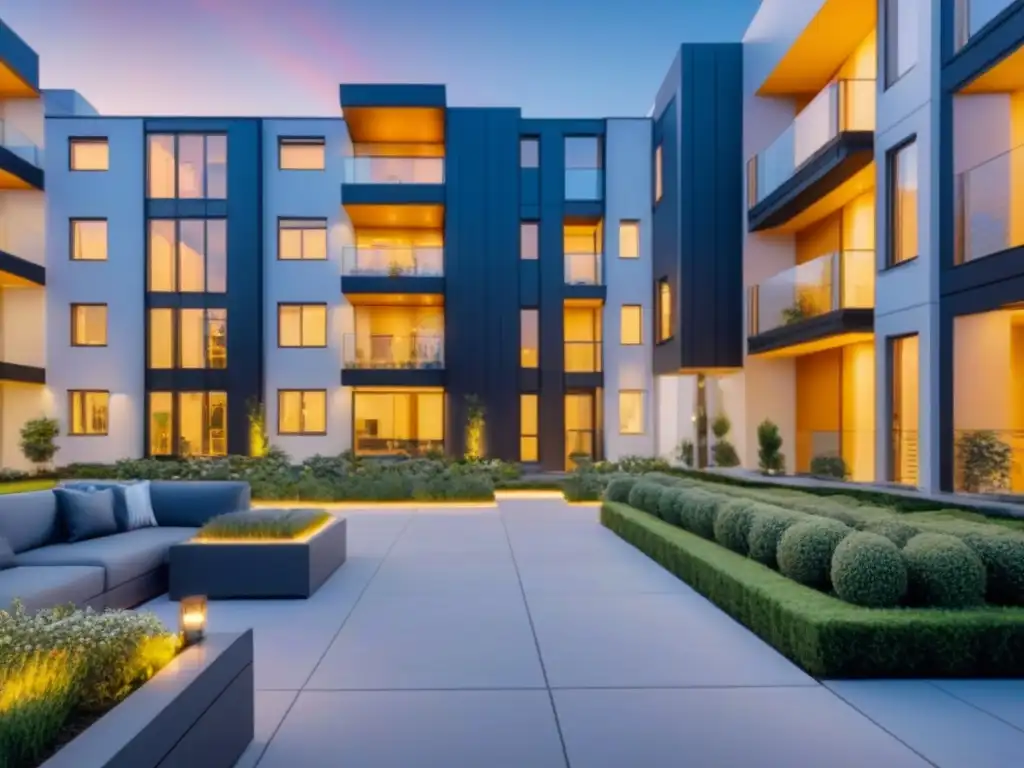 Complejo residencial moderno al atardecer: luces doradas y arquitectura sofisticada Un complejo de apartamentos moderno al anochecer, con luces doradas cálidas iluminando la fachada y exuberante vegetación