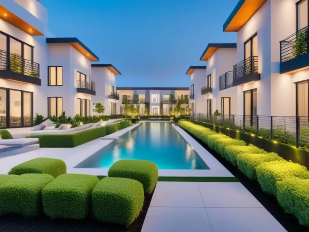 Complejo de apartamentos modernos de lujo con sistemas automatizados y diseño elegante Un complejo de apartamentos moderno de lujo con diseño arquitectónico elegante y sistemas automatizados de última generación