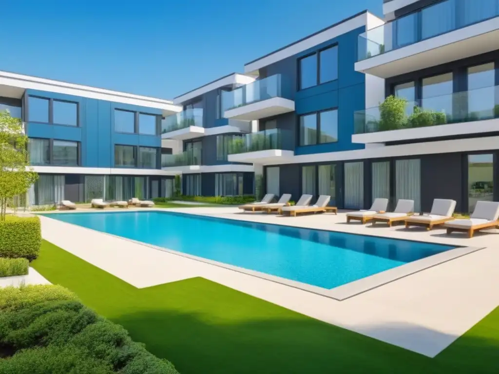 Complejo residencial de lujo: modernidad, comunidad y confort Un complejo de apartamentos moderno y lujoso con piscina, gimnasio y vegetación exuberante