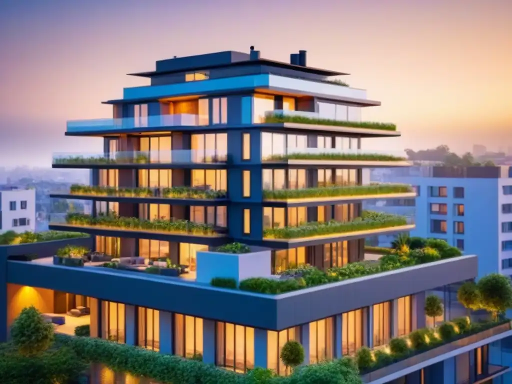 Complejo de apartamentos modernos sostenibles y tecnológicos Un complejo de apartamentos moderno y lujoso con paneles solares, ventanas eficientes y jardines verdes en la azotea