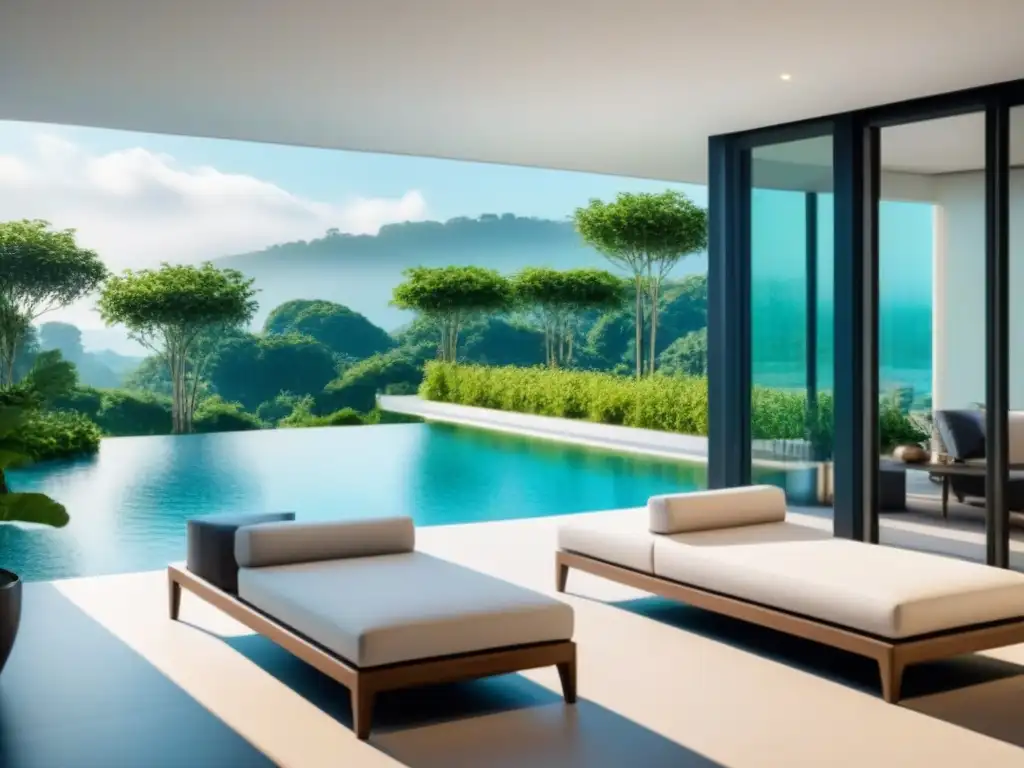 Complejo de apartamentos de lujo con diseño moderno y exuberante entorno Un complejo de apartamentos moderno y lujoso rodeado de exuberante vegetación y una piscina serena