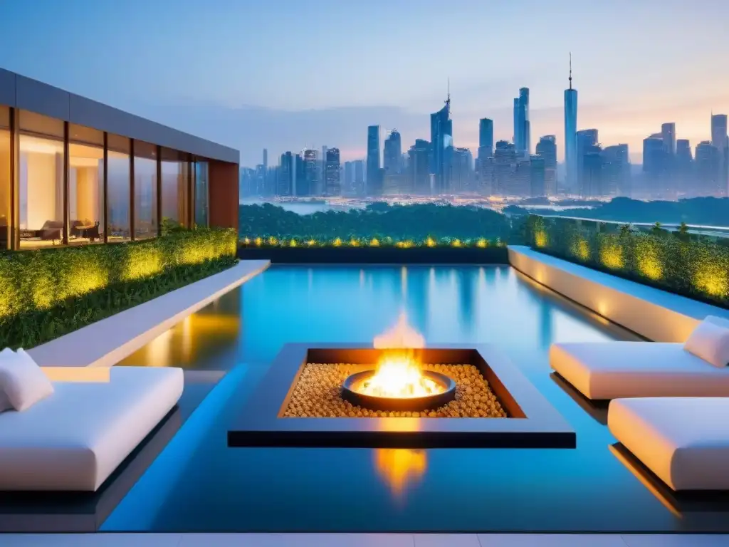 Complejo de apartamentos modernos de lujo con terraza y piscina infinita en la azotea Un complejo de apartamentos moderno y lujoso con diseño arquitectónico elegante, incluyendo una terraza en la azotea con vegetación exuberante y una piscina infinita con vistas a la ciudad