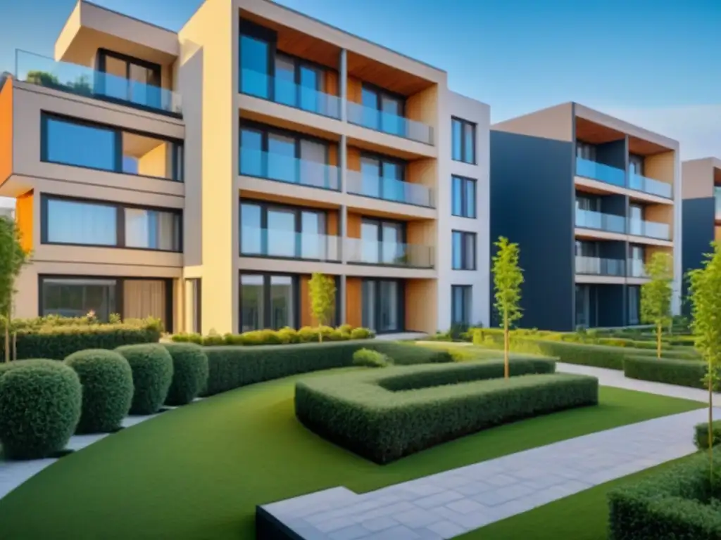 Complejo residencial de lujo con diseño arquitectónico moderno en 8k Un complejo de apartamentos moderno y lujoso rodeado de vegetación, ideal para proyectos multifamiliares