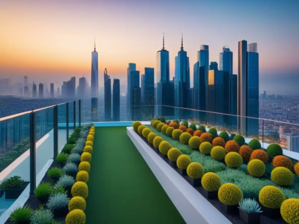 Complejo de lujo con vistas panorámicas al atardecer en la ciudad Complejo de apartamentos moderno y lujoso con jardín en la azotea, reflejando la eficiente gestión en plataformas de nube