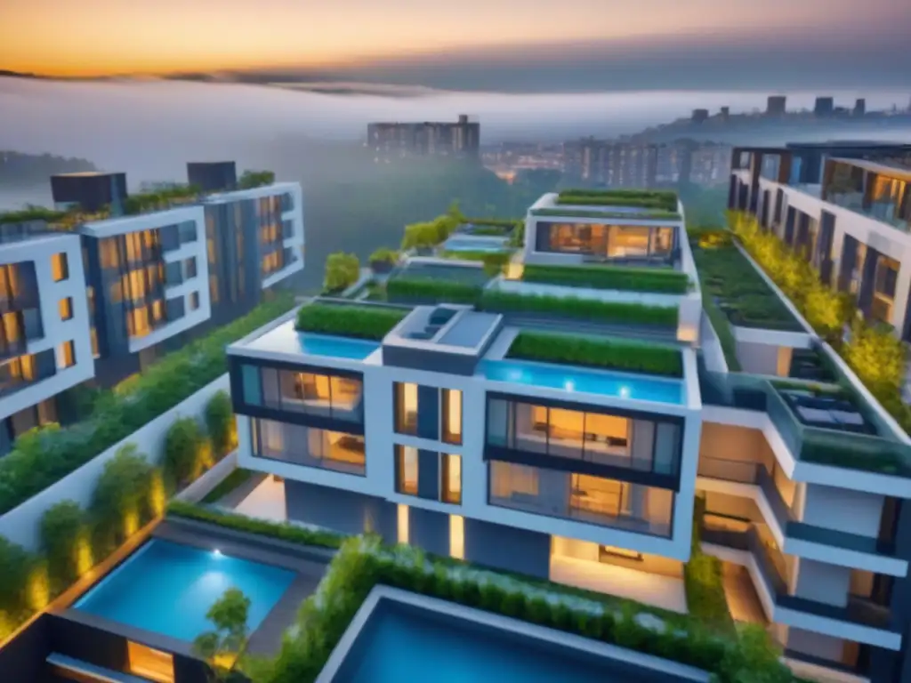 Complejo residencial moderno en ciudad vibrante Un complejo de apartamentos moderno rodeado de una ciudad bulliciosa