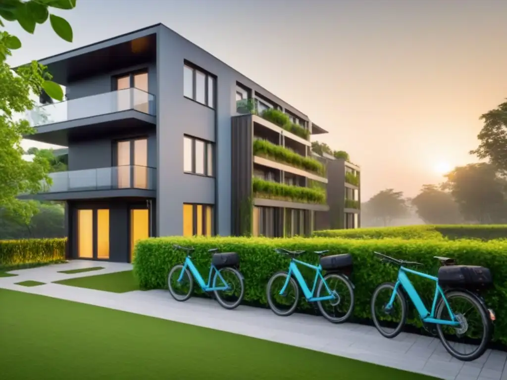 Complejo ecoamigable: moderno, sustentable y atractivo Un complejo de apartamentos moderno y sostenible rodeado de naturaleza, con paneles solares en el techo