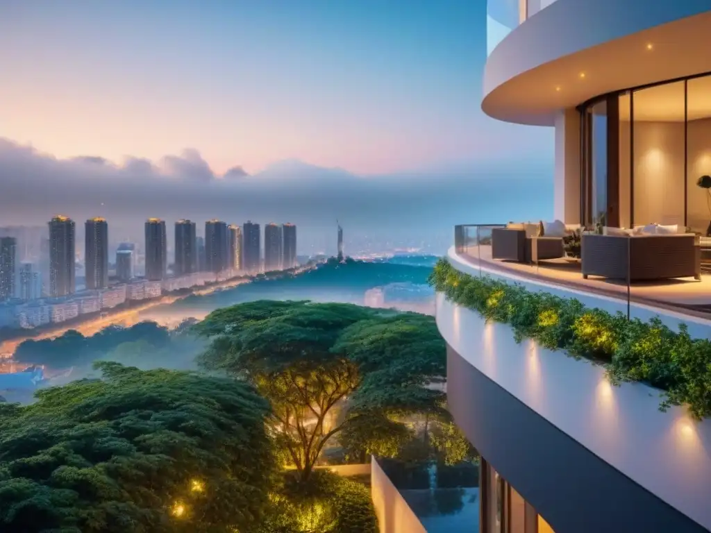 Edificio de lujo con vistas urbanas al atardecer Un complejo de apartamentos modernos de lujo con balcones y exteriores de cristal, ubicado en una ciudad vibrante al anochecer