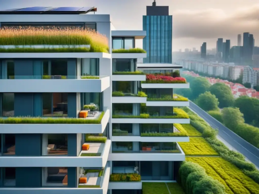 Complejo de apartamentos sostenibles: arquitectura ecofriendly en la ciudad Un complejo de apartamentos sostenibles para Millennials inversores, con diseño moderno y ecoamigable, destacándose en el horizonte urbano