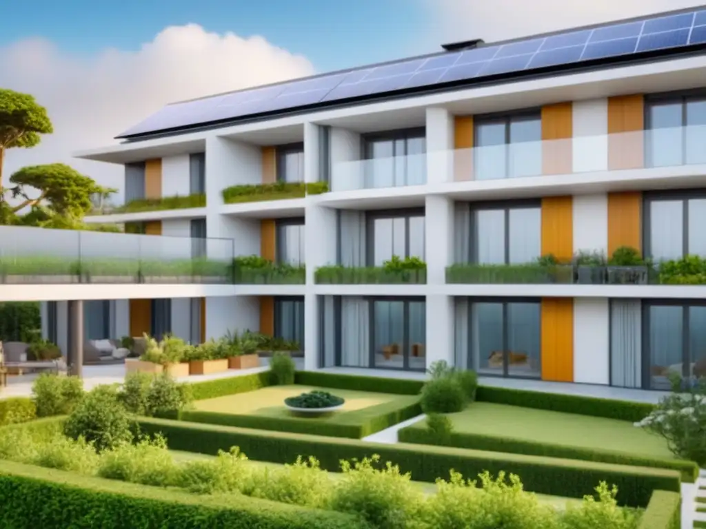 Complejo ecoamigable: diseño moderno y sostenible en 8k Un complejo de apartamentos sostenibles para Millennials inversores con paneles solares, vegetación y jardín comunitario