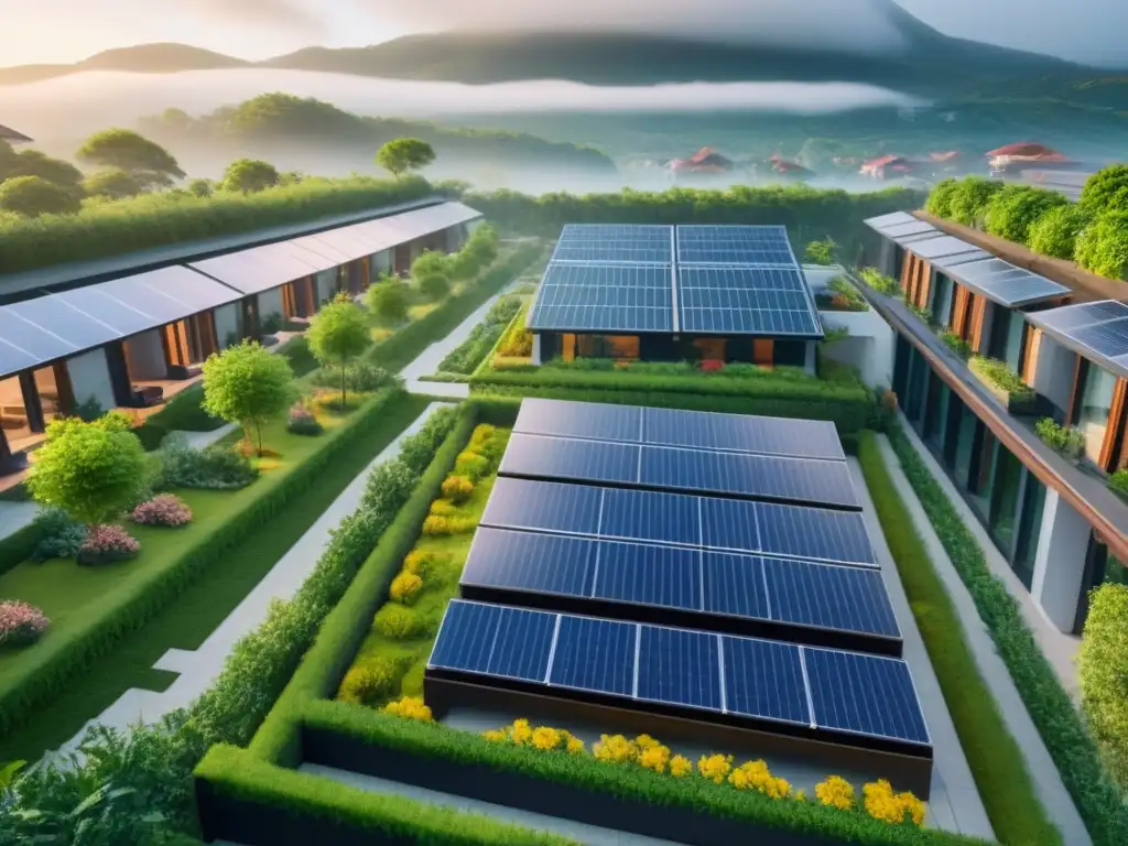 Complejo ecológico: arquitectura moderna y sostenible en entorno natural Un complejo arquitectónico ecológico rodeado de jardines vibrantes y paneles solares, integrado con la naturaleza