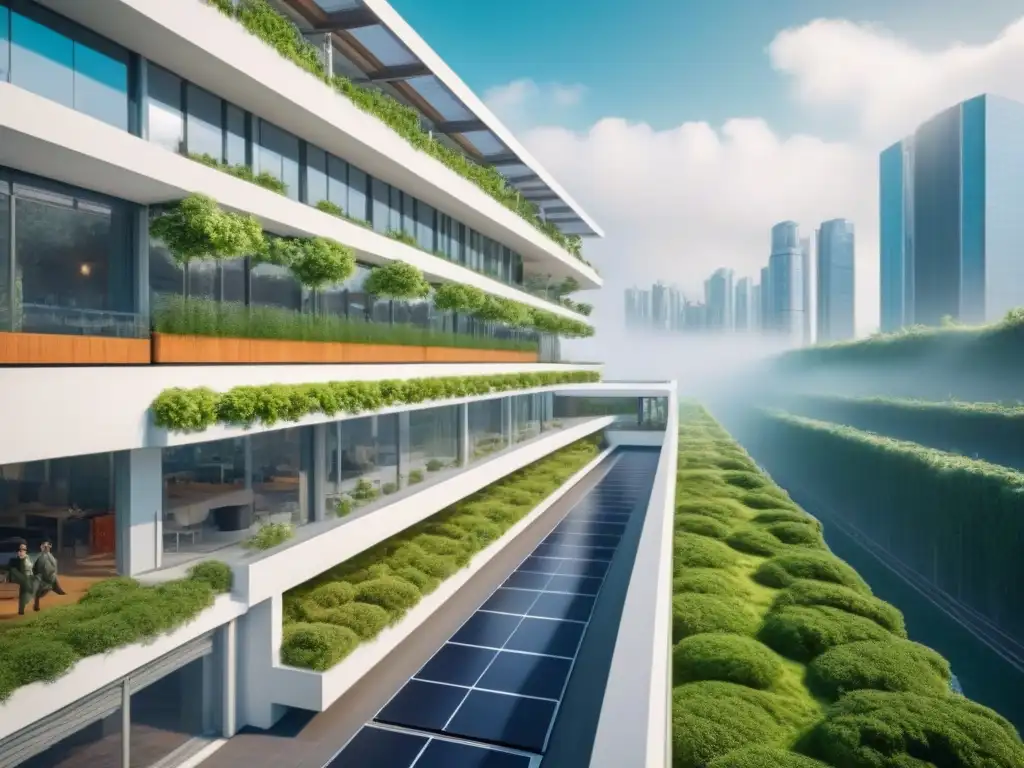 Complejo ecoamigable futurista en armonía con la naturaleza Un complejo arquitectónico futurista ecoamigable se fusiona con exuberante vegetación