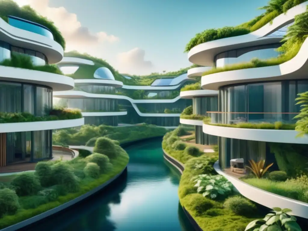 Arquitectura ecofuturista: Edificio sostenible en entorno natural Un complejo arquitectónico futurista y ecológico rodeado de vegetación exuberante, con paneles solares brillando y un arroyo serpenteando