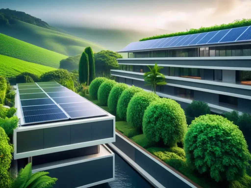 Complejo arquitectónico sostenible futurista: 8k detalle verde Complejo arquitectónico futurista integrado con naturaleza exuberante