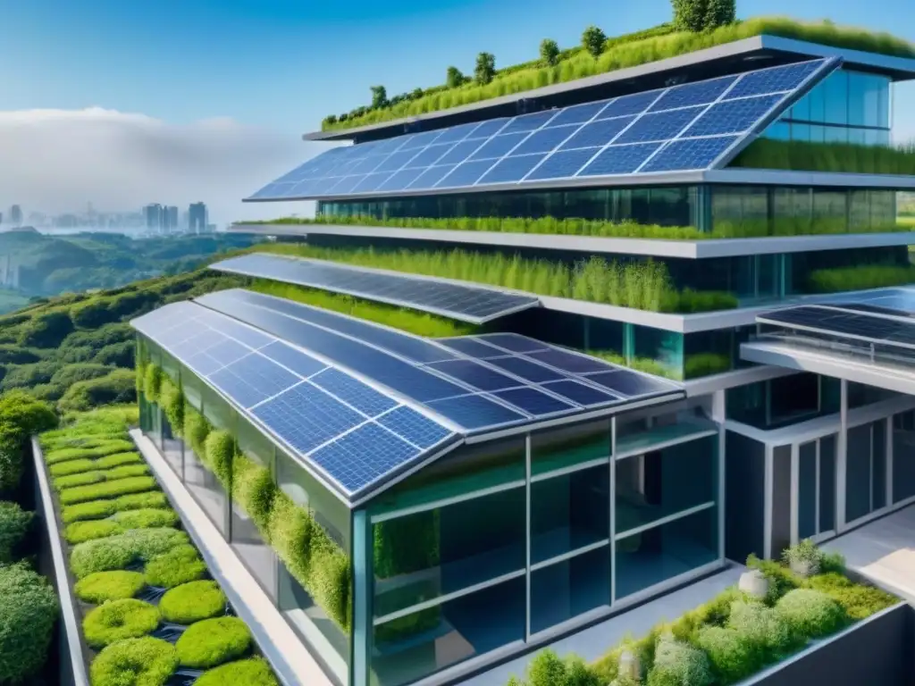 Edificio sostenible futurista: modernidad y ecología en armonía Un complejo arquitectónico futurista integrado con vegetación exuberante y tecnologías ecoamigables