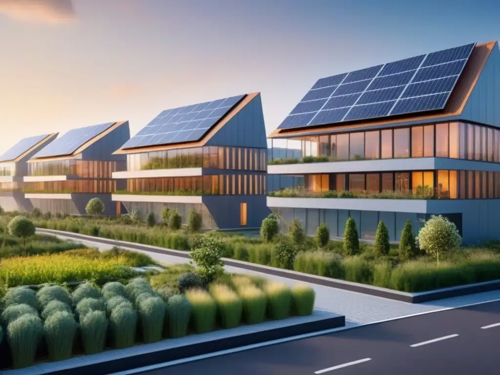 Complejo ecológico futurista con diseño sostenible y energías renovables Complejo arquitectónico futurista con materiales ecoamigables, eficiencia energética y diseño vanguardista en armonía con la naturaleza