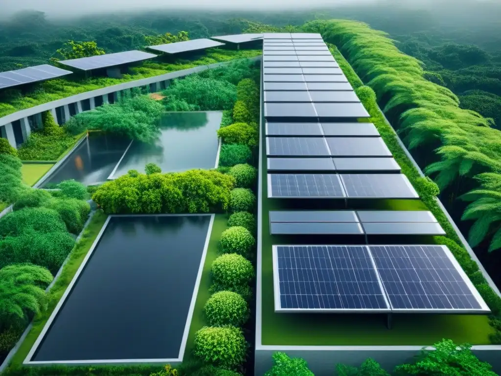 Edificio sostenible del futuro: arquitectura ecoinnovadora Un complejo arquitectónico futurista rodeado de vegetación, con diseño ecoamigable