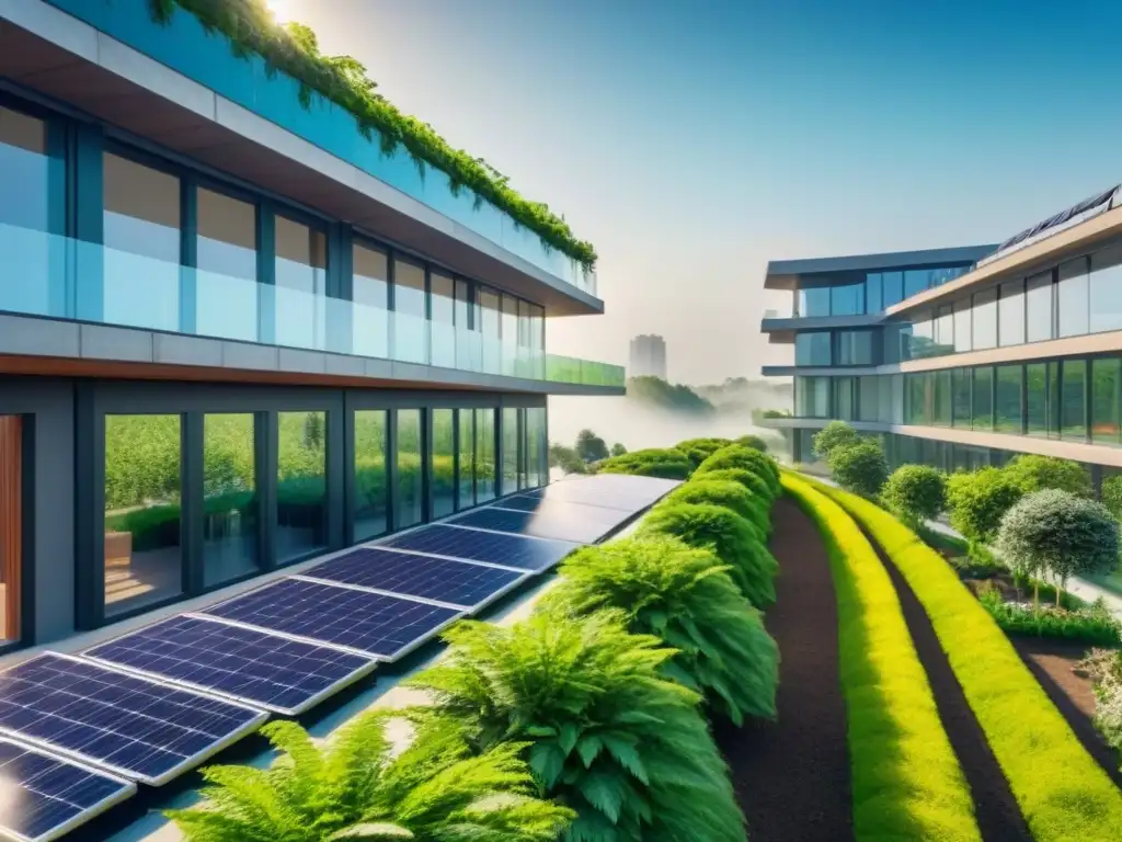 Complejo sostenible futurista en entorno natural Un complejo arquitectónico futurista rodeado de vegetación exuberante y paneles solares brillantes bajo el sol