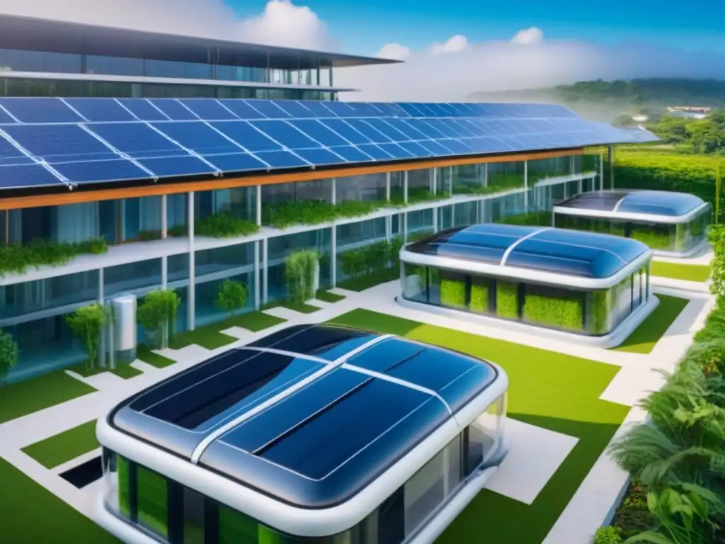 Complejo ecoamigable futurista rodeado de naturaleza exuberante Un complejo arquitectónico futurista rodeado de naturaleza, paneles solares y autos eléctricos en estaciones de carga