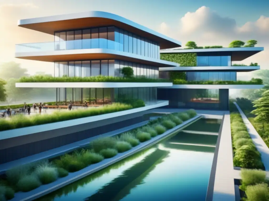 Complejo ecoamigable: arquitectura futurista y naturaleza en armonía Un complejo arquitectónico futurista sostenible con diseño geométrico y abundante vegetación