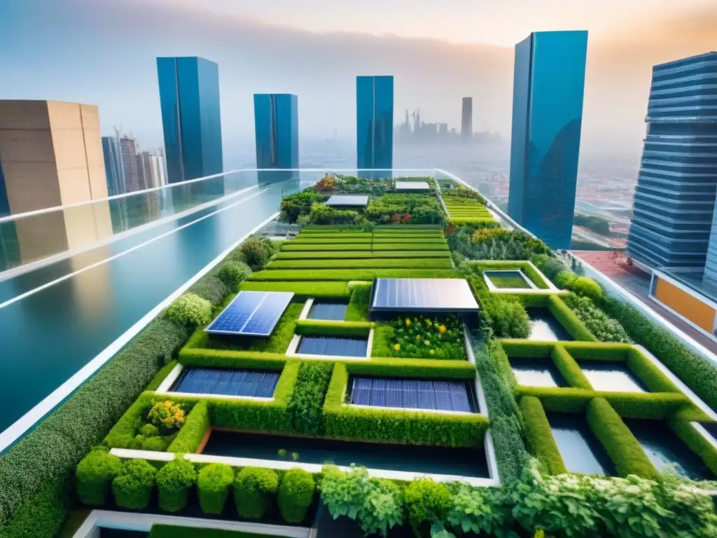 Edificio sostenible: diseño futurista en entorno urbano eco-friendly Un complejo arquitectónico futurista sostenible, rodeado de ciudad vibrante
