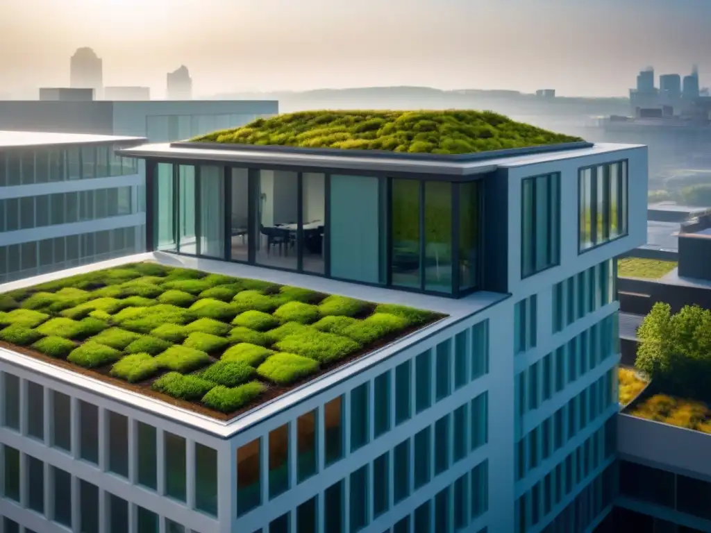 Complejo sustentable: diseño ecoamigable con certificaciones LEED y BREEAM Un complejo arquitectónico moderno y sostenible con certificaciones LEED y BREEAM, resaltando sus innovadores sistemas ecoamigables