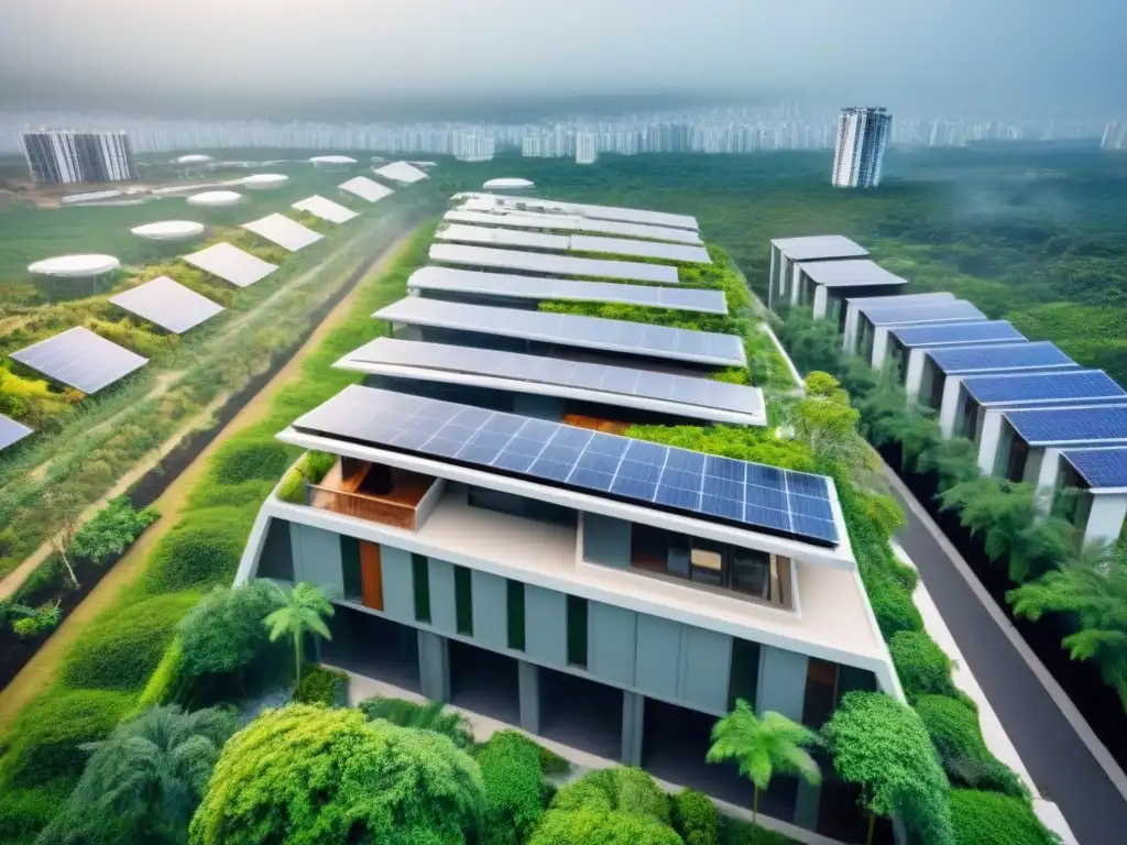 Edificio sostenible en ciudad moderna, integrando tecnología eco Un complejo arquitectónico sostenible destacando en la ciudad, con paneles solares y diseño ecoamigable