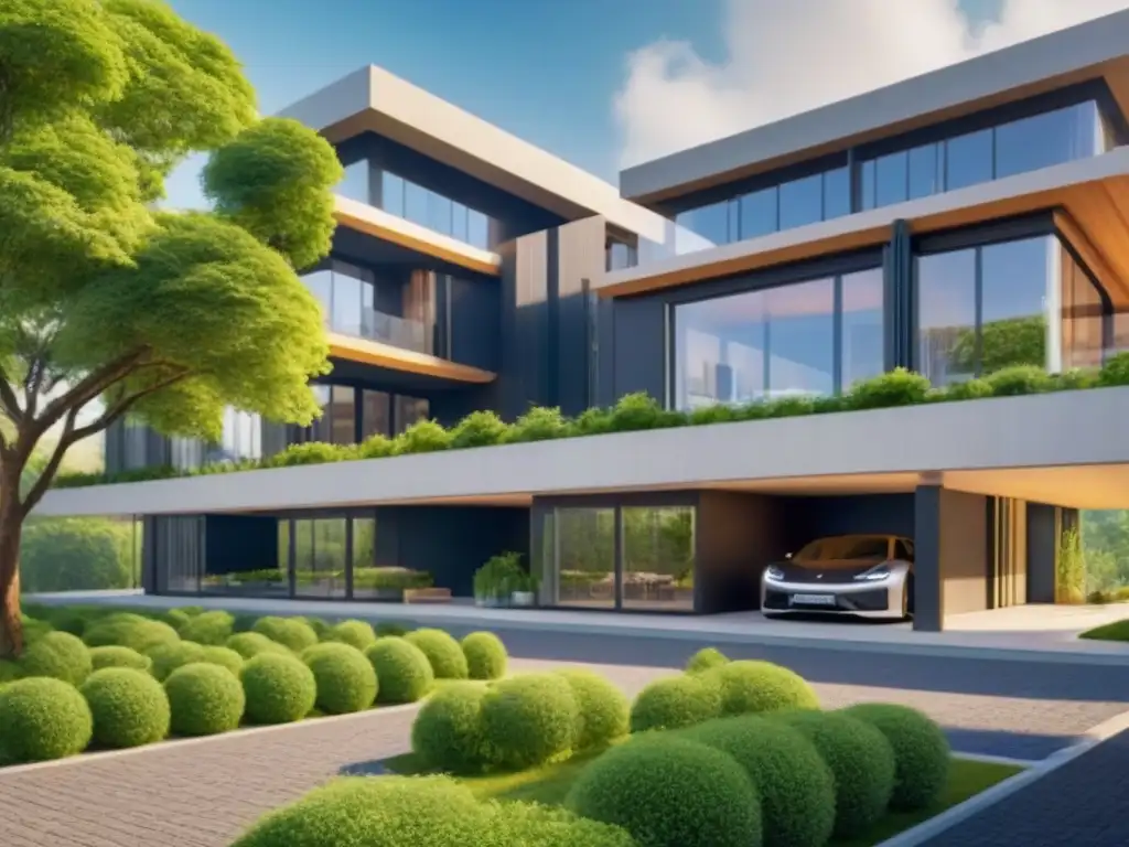 Complejo futurista sostenible con paneles solares y vehículos eléctricos Complejo arquitectónico sostenible con incentivos fiscales en el mercado inmobiliario, integrando naturaleza y tecnología moderna