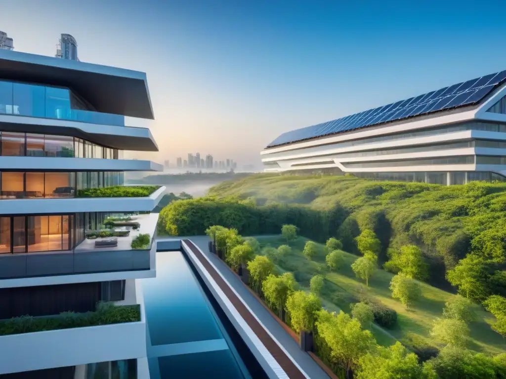 Complejo sostenible: arquitectura inteligente y verde Un complejo arquitectónico sostenible inteligente con diseño innovador y tecnología verde, rodeado de vegetación
