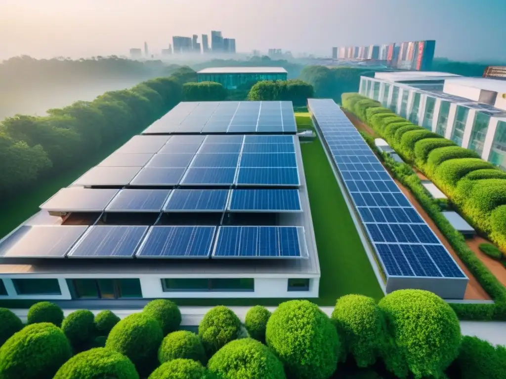 Edificio sostenible: arquitectura moderna y verde en la ciudad Un complejo arquitectónico sostenible con paneles solares, vegetación integrada y sistema de reciclaje de agua