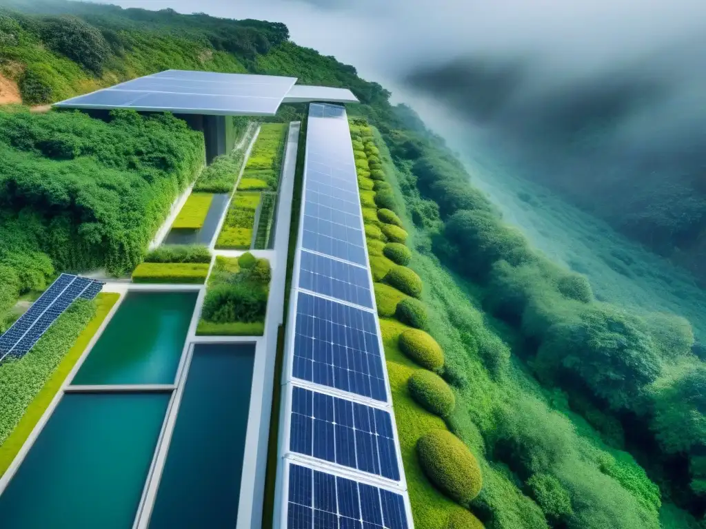 Complejo sostenible: armonía entre arquitectura moderna y naturaleza Un complejo arquitectónico sostenible rodeado de vegetación, con paneles solares y diseño innovador