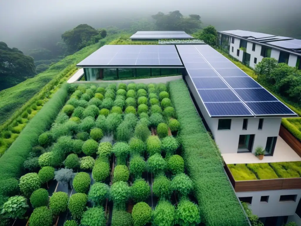 Complejo sostenible: arquitectura moderna en armonía con la naturaleza Un complejo arquitectónico sostenible rodeado de vegetación exuberante y sistemas ecoamigables, sin impacto ambiental negativo