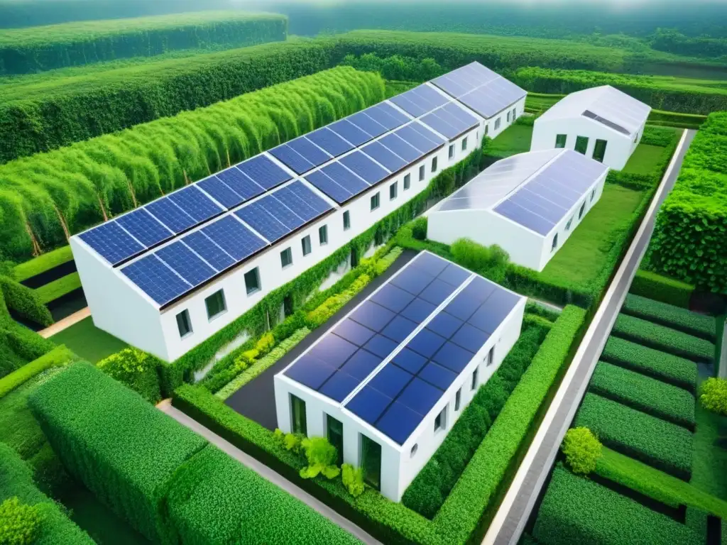 Edificio sostenible: arquitectura futurista y naturaleza en armonía Un complejo arquitectónico sostenible rodeado de vegetación, con paneles solares y turbinas eólicas