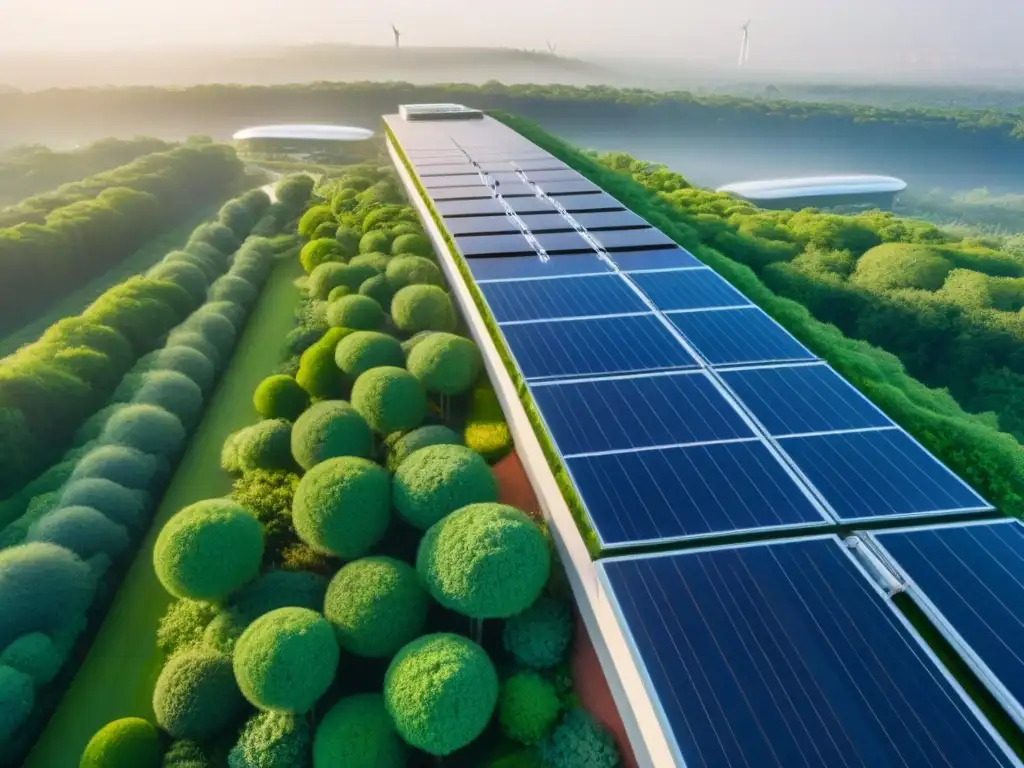Complejo arquitectónico sostenible: fusión de tecnología y naturaleza Complejo arquitectónico sostenible rodeado de vegetación, con paneles solares y turbinas eólicas