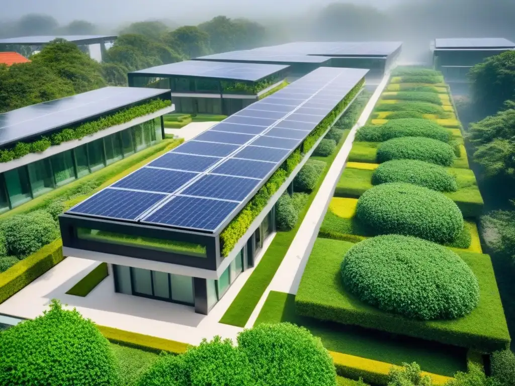 Complejo sostenible: integración de LEED y BREEAM en arquitectura moderna Un complejo arquitectónico sostenible muestra tendencias certificaciones LEED BREEAM con vegetación en techos y paneles solares