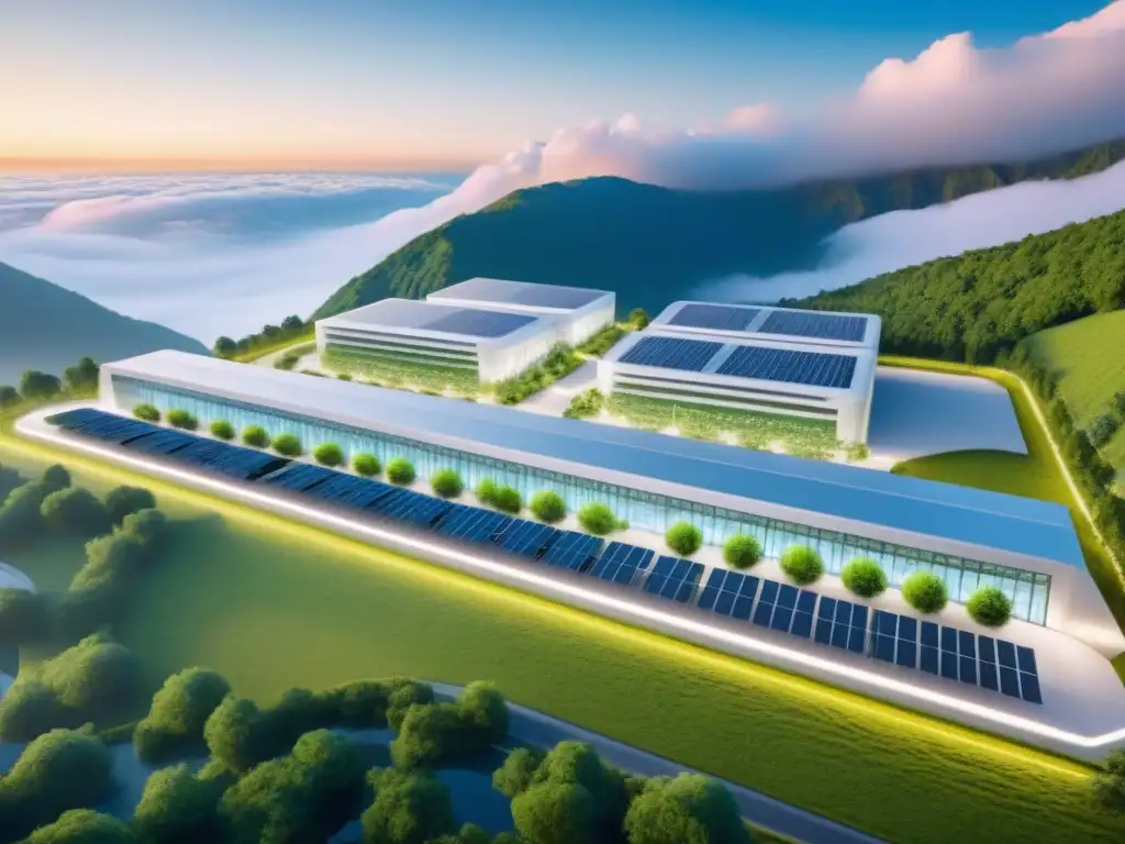 Centro de Datos Futurista en las Montañas Verdes Un complejo de centros de datos futurista en medio de verdes montañas, rodeado de sistemas de seguridad y energía eficiente