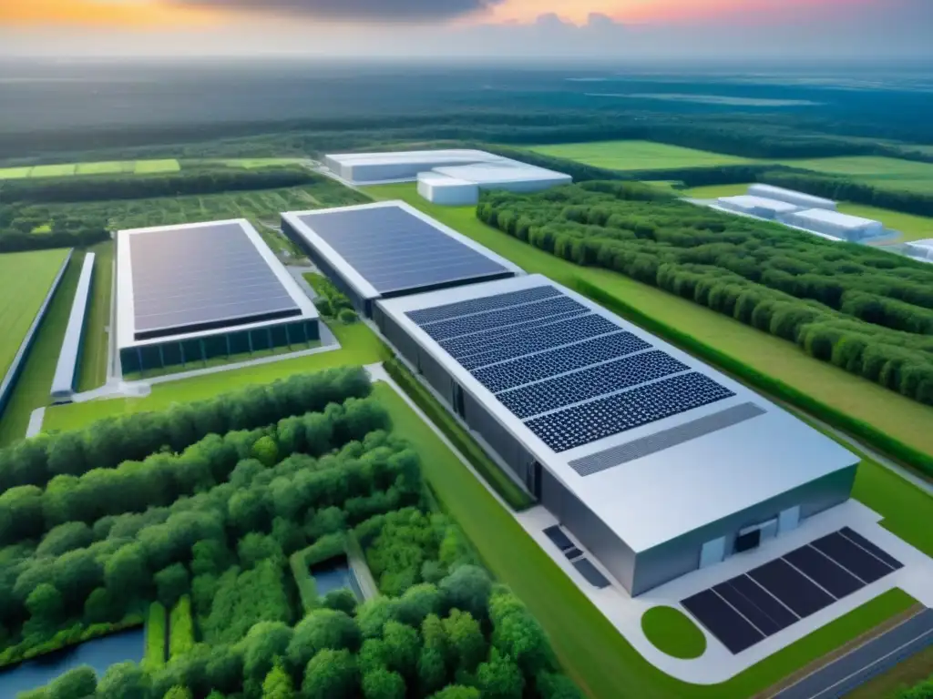Centro de datos futurista rodeado de naturaleza exuberante Un complejo de centros de datos futurista rodeado de vegetación exuberante y medidas de seguridad avanzadas