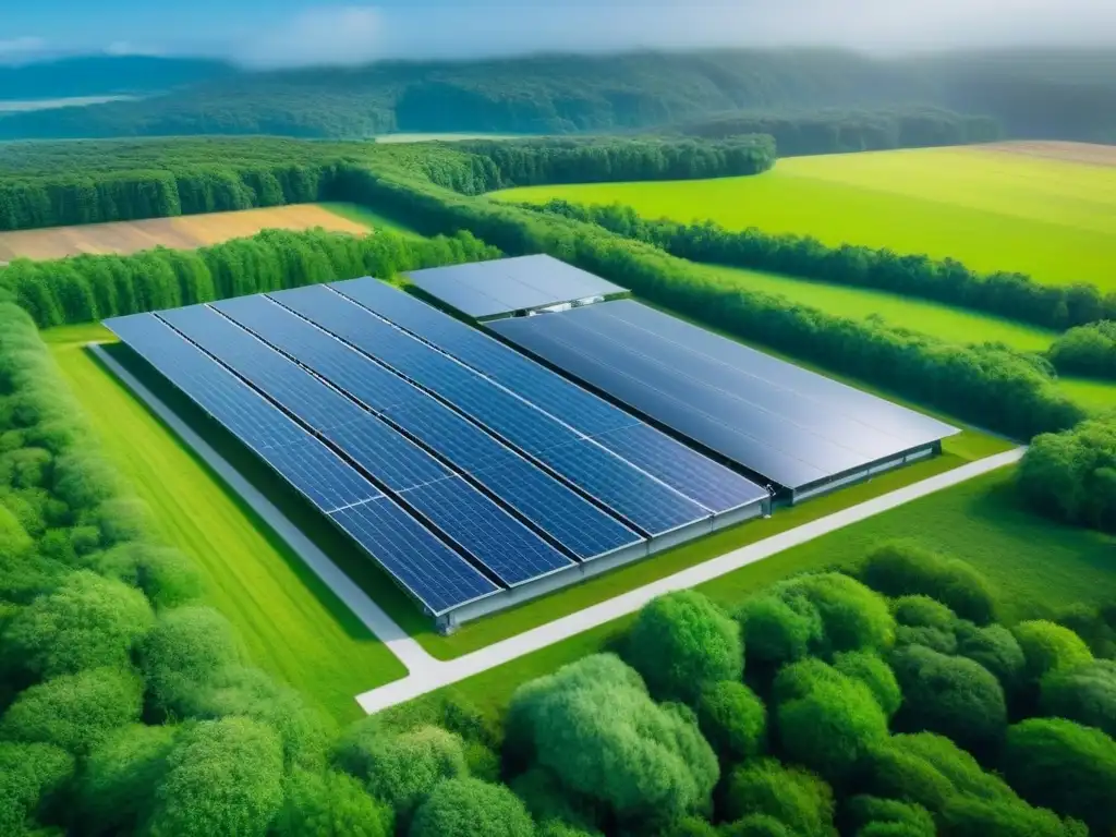 Centro de datos sostenible rodeado de naturaleza Complejo de centros de datos modernos rodeados de vegetación, con paneles solares relucientes