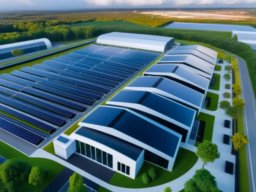 Centro de Datos Futurista: Eficiencia y Sostenibilidad Un complejo de centros de datos de vanguardia rodeado de arquitectura moderna y naturaleza exuberante