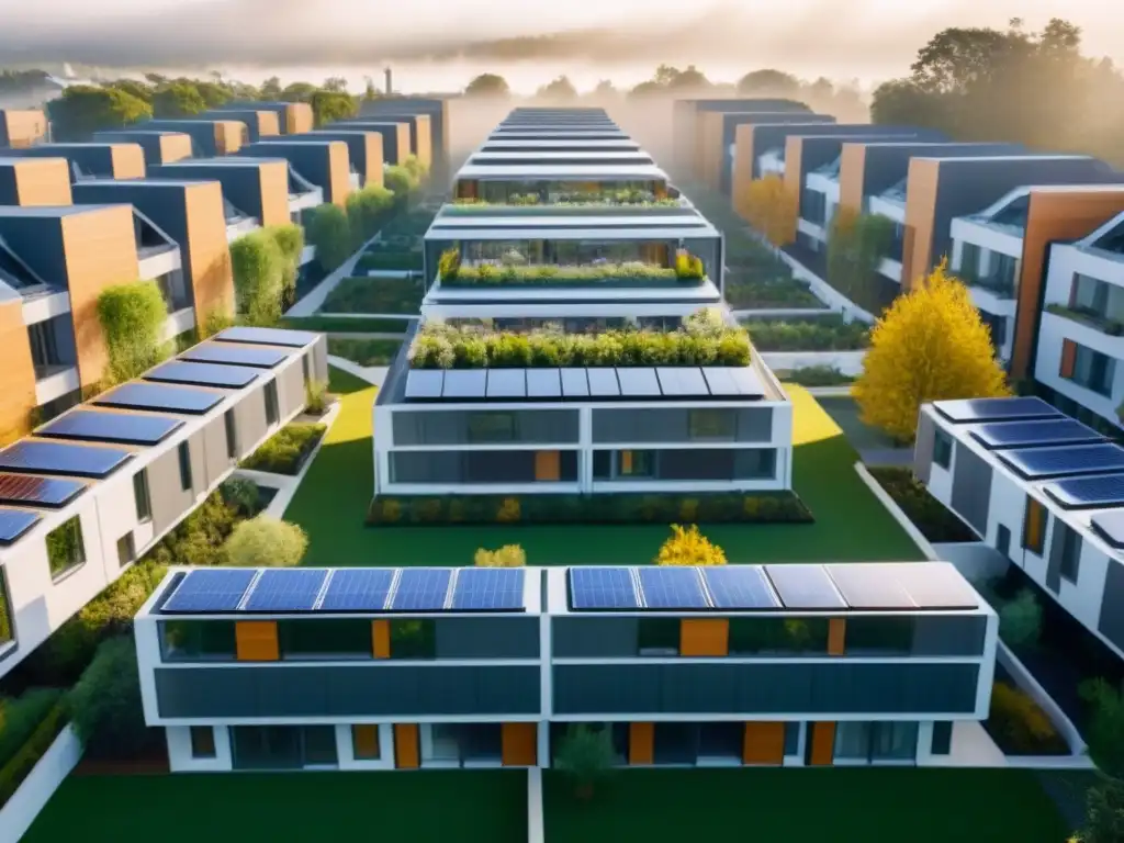 Complejo ecoamigable: arquitectura futurista en comunidad Complejo de cohousing futurista con arquitectura sostenible, espacios comunales y jardines en la azotea