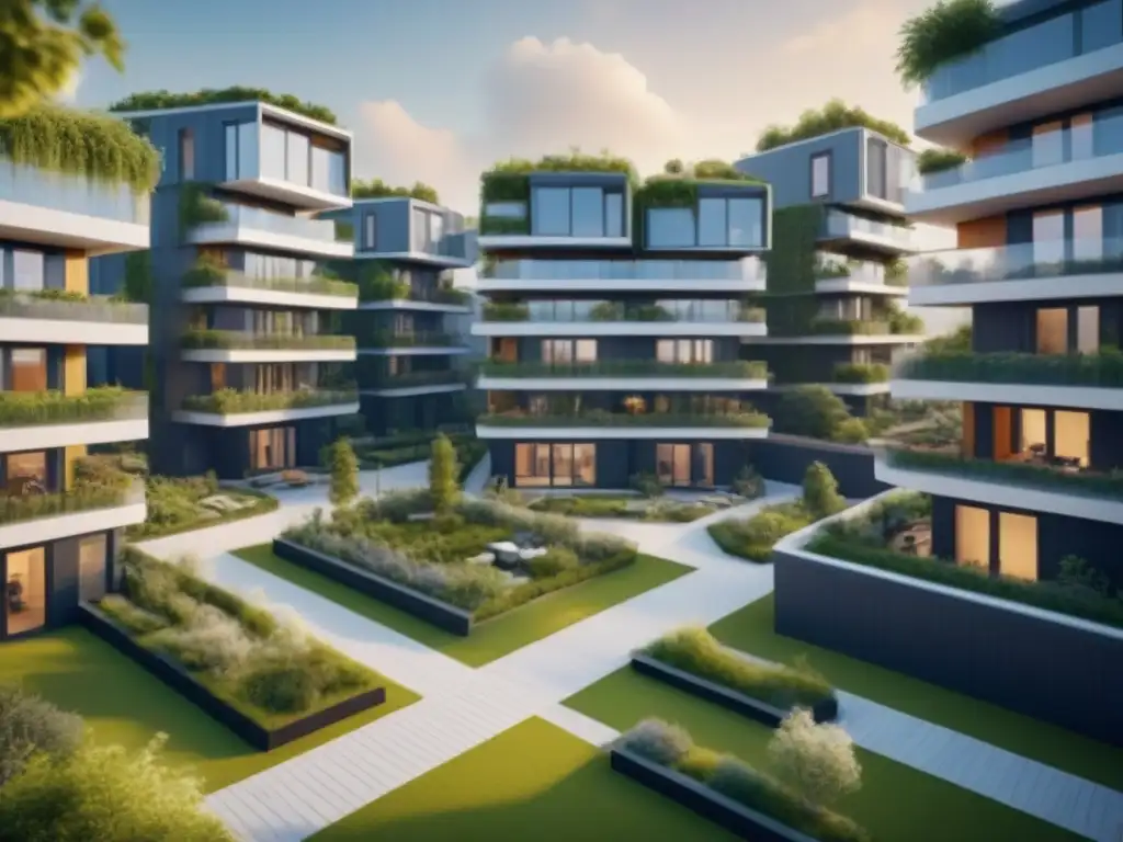 Complejo de cohousing futurista: arquitectura sostenible y espacios verdes Complejo de cohousing futurista con diseño sostenible y espacios verdes, enmarcado en un paisaje urbano vibrante