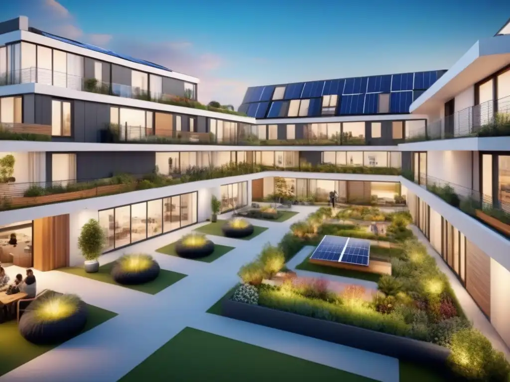 Complejo de cohousing futurista: innovación y sostenibilidad Un complejo de cohousing futurista con elementos sostenibles, donde una comunidad diversa colabora en espacios compartidos