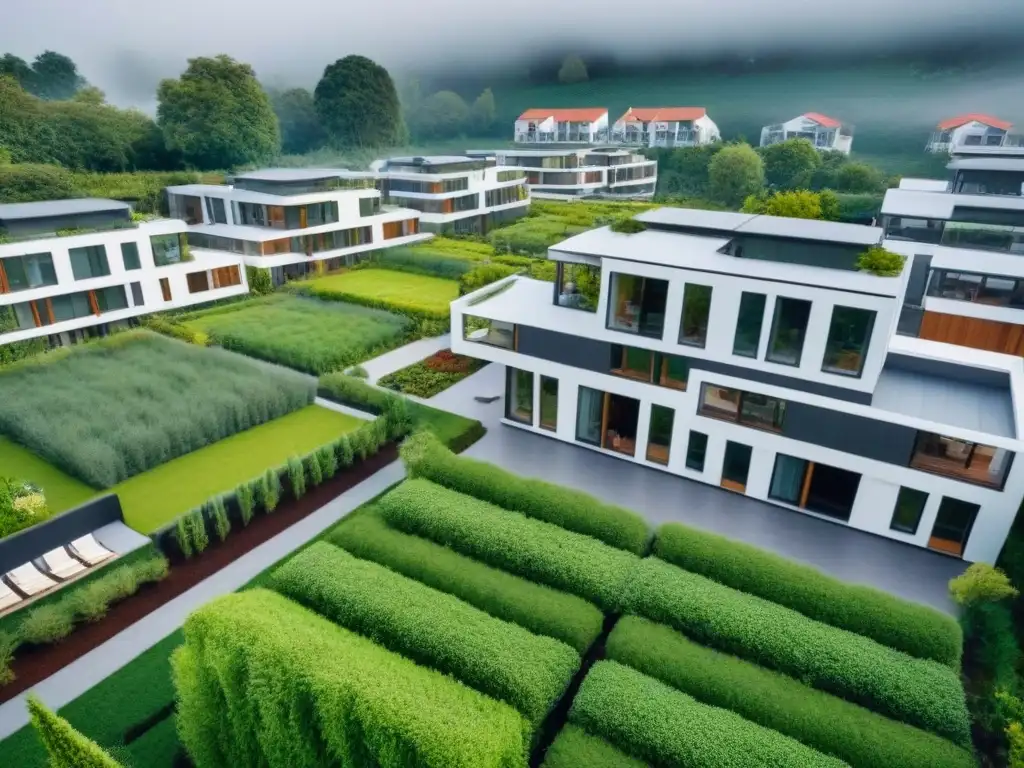 Complejo de cohousing moderno en entorno natural Un complejo de cohousing moderno rodeado de vegetación exuberante, con áreas compartidas y jardines en la azotea