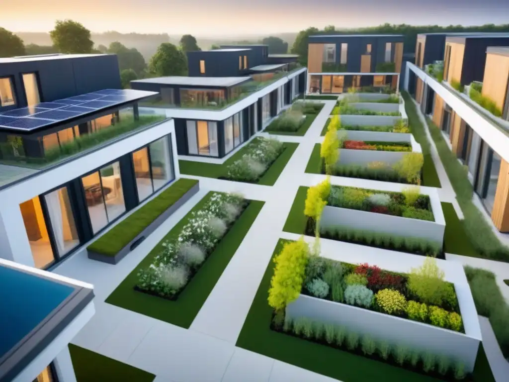 Complejo de cohousing moderno y sostenible: comunidad vibrante y ecoamigable Un complejo de cohousing moderno y sostenible rodeado de vegetación exuberante, con personas participando en actividades comunitarias