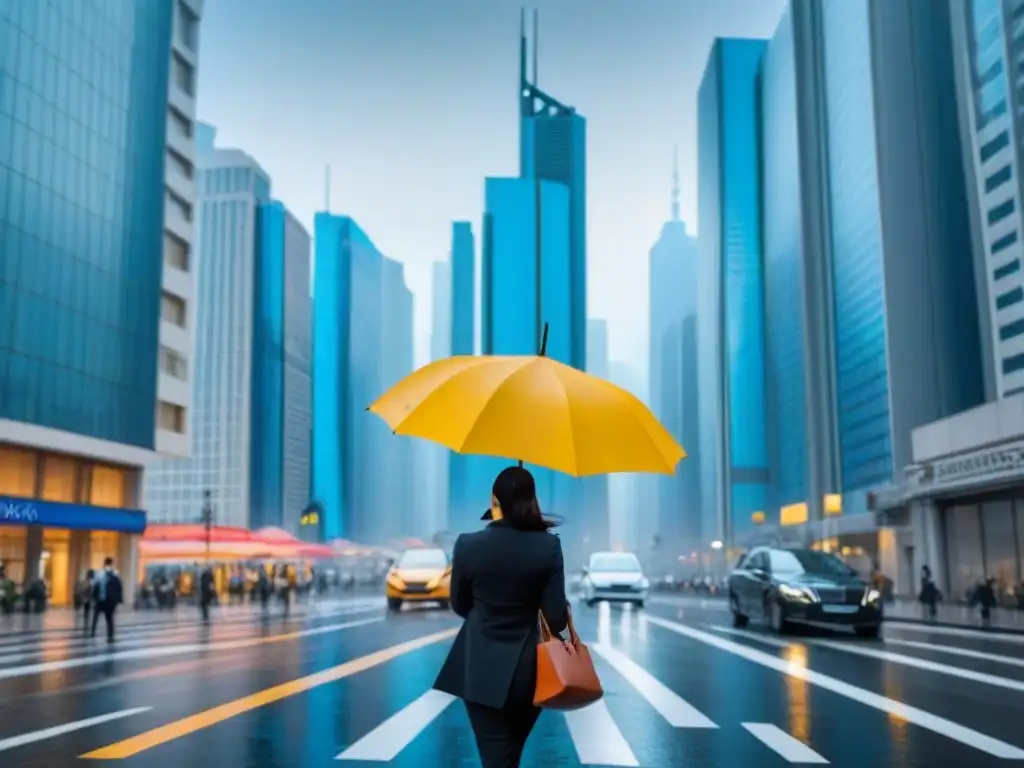 Propiedades comerciales modernas con símbolos de seguro Complejo comercial moderno con seguros propiedades comerciales multiubicación, símbolos de protección flotando sobre edificios únicos en la ciudad