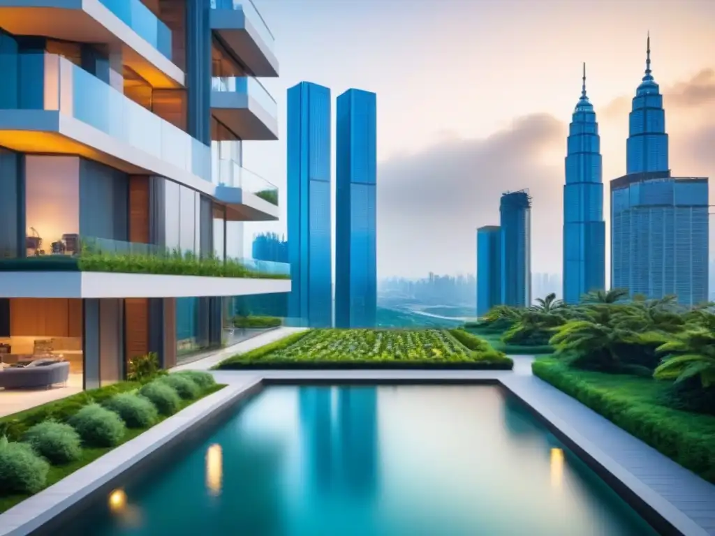 Condominio de lujo con diseño futurista y tecnología blockchain integrada Un complejo condominial moderno de lujo con diseño arquitectónico elegante y elementos futuristas, rodeado de exuberante vegetación y espejos de agua