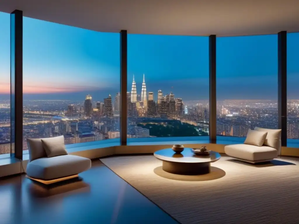 Condominio de lujo con vista a la ciudad al atardecer Un complejo de condominios de lujo con diseño arquitectónico moderno y ventanas de piso a techo, con vista a un vibrante horizonte urbano al anochecer